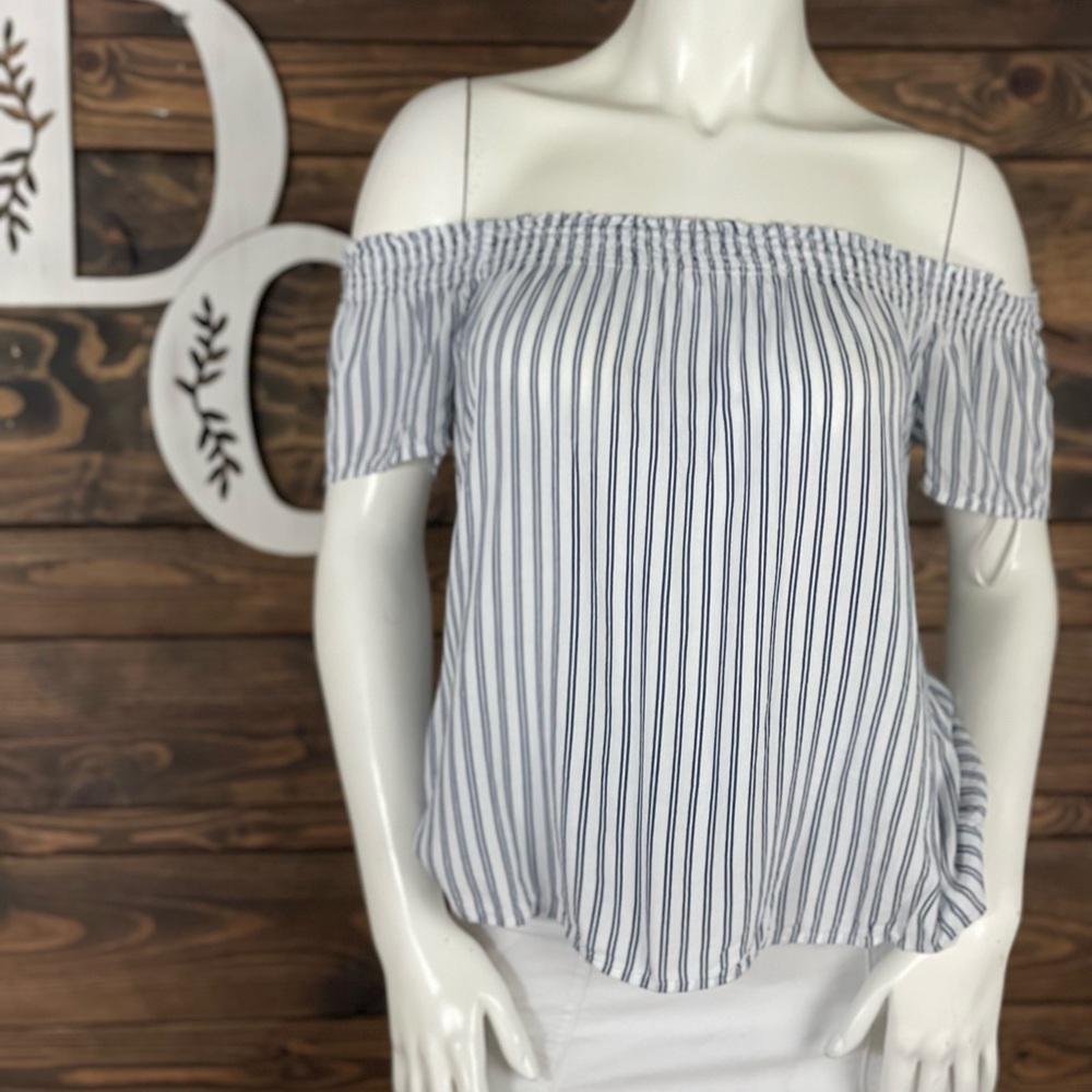 Maison Jules | Off The Shoulder Smocked Blouse Vertical Double Stripe Patternโ